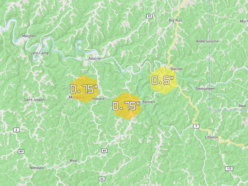 Hail map of Cameron, WV on Jun 7, 2026, hail up to 0.75"