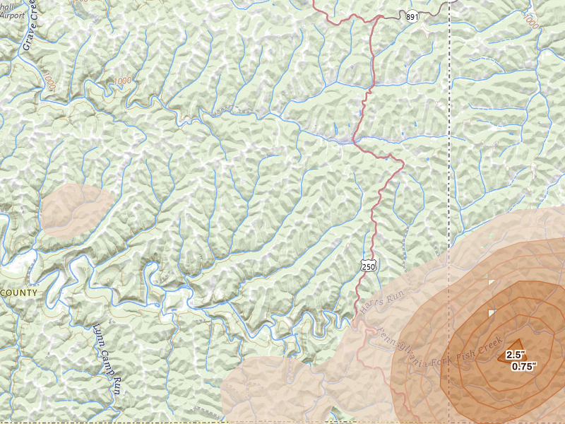 Radar-estimated hail-size map of the storm over Cameron, WV on Jul 4, 2026