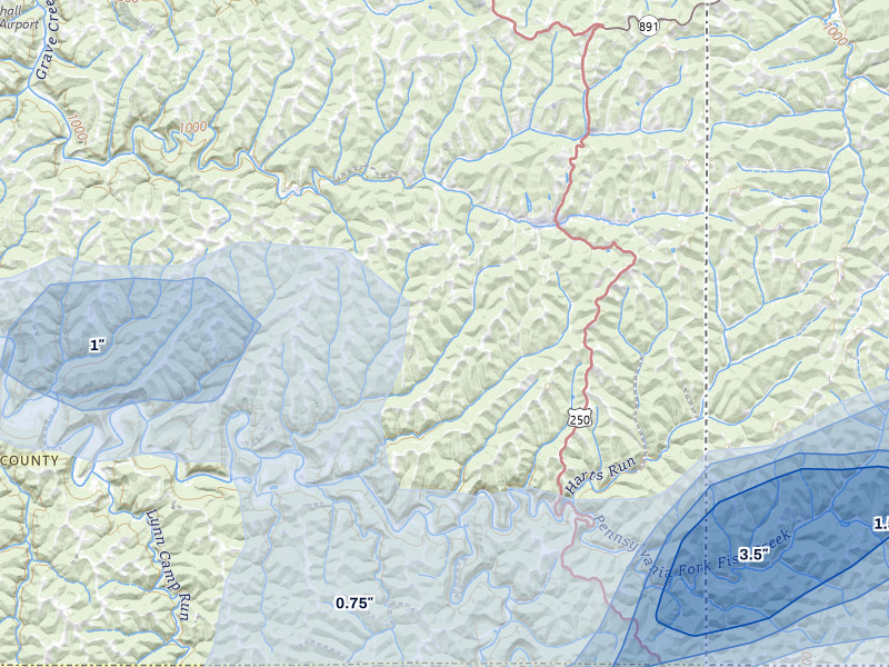 NEXRAD radar-signature map of the hail over Cameron, WV