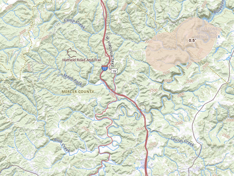 Radar-estimated hail-size map of the storm over Camp Creek, WV on Apr 1, 2026