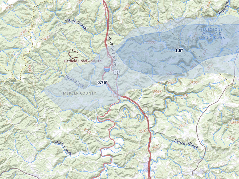 NEXRAD radar-signature map of the hail over Camp Creek, WV