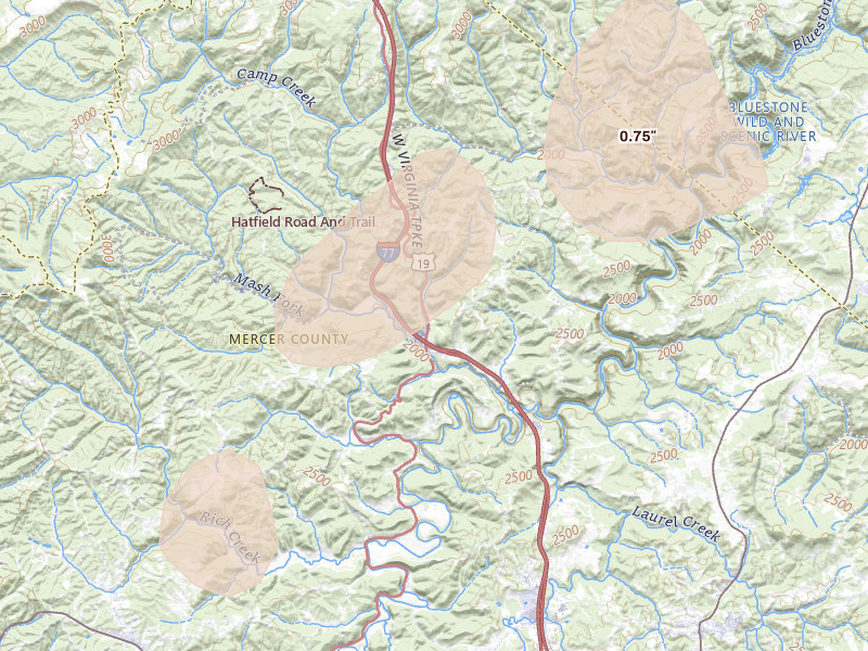 Radar-estimated hail-size map of the storm over Camp Creek, WV on Jul 4, 2026