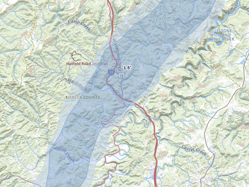 NEXRAD radar-signature map of the hail over Camp Creek, WV
