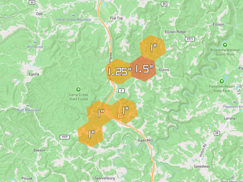 Hail map of Camp Creek, WV on Jul 4, 2026, hail up to 1.5"