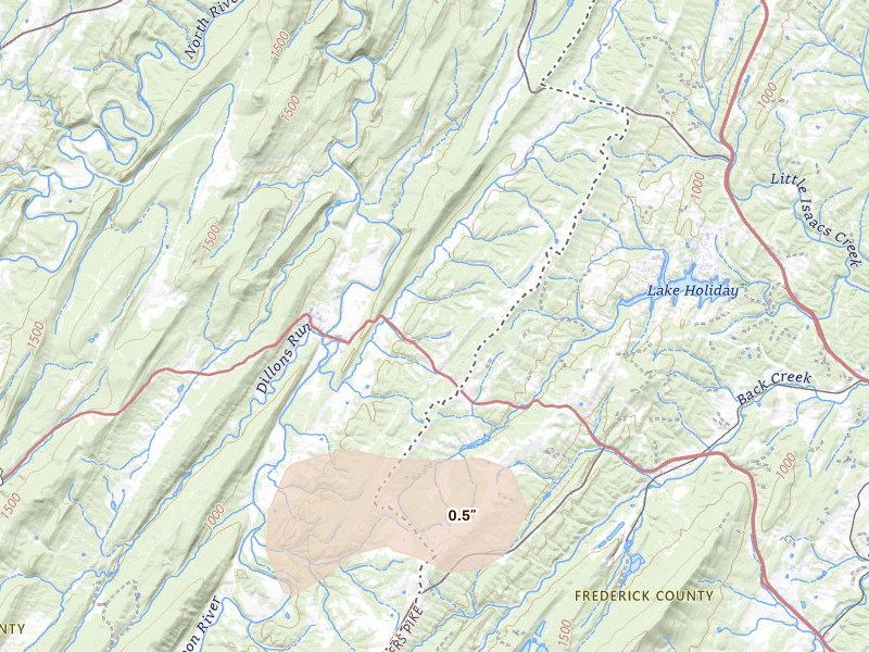 Radar-estimated hail-size map of the storm over Capon Bridge, WV on Aug 8, 2026
