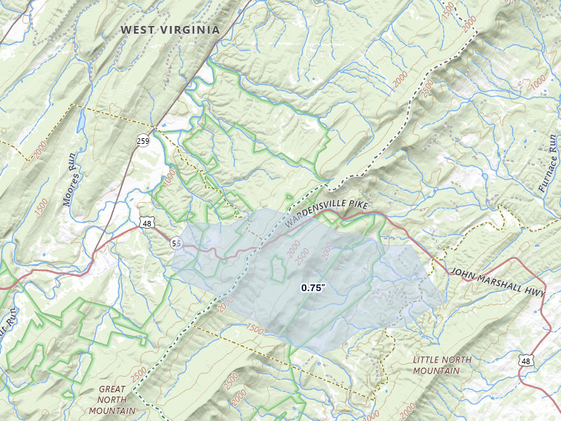 NEXRAD radar-signature map of the hail storm over Capon Springs, WV on Jul 5, 2026