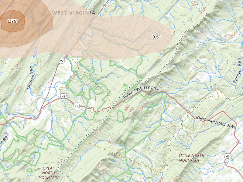 Radar-estimated hail-size map of the storm over Capon Springs, WV on Aug 22, 2026