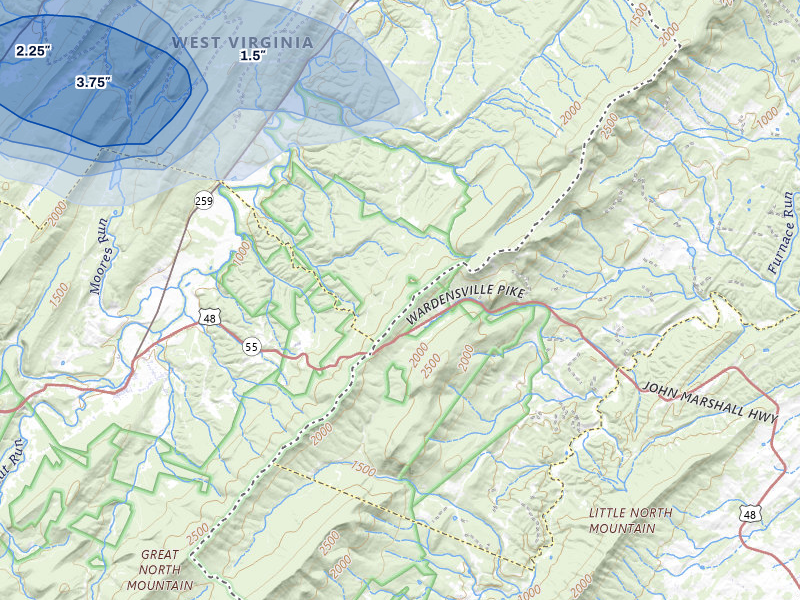 NEXRAD radar-signature map of the hail storm over Capon Springs, WV on Aug 22, 2026