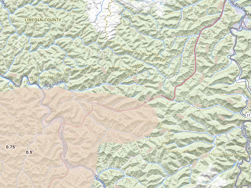 Radar-estimated hail-size map of the storm over Chapmanville, WV on Apr 1, 2026