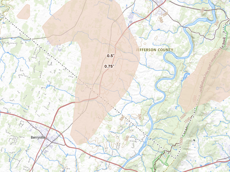 Radar-estimated hail-size map of the storm over Charles Town, WV on Jul 4, 2026