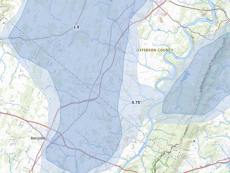 NEXRAD radar-signature map of the hail over Charles Town, WV