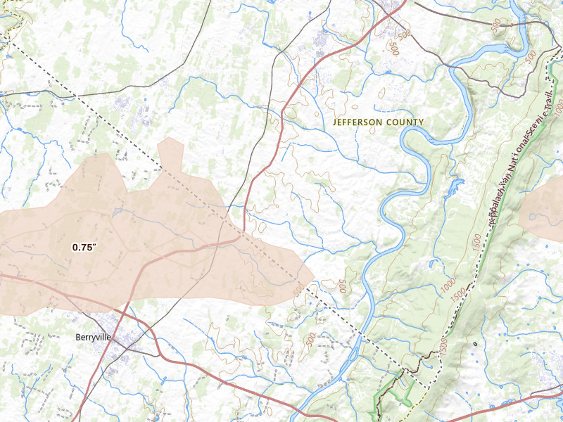Radar-estimated hail-size map of the storm over Charles Town, WV on Jul 28, 2026