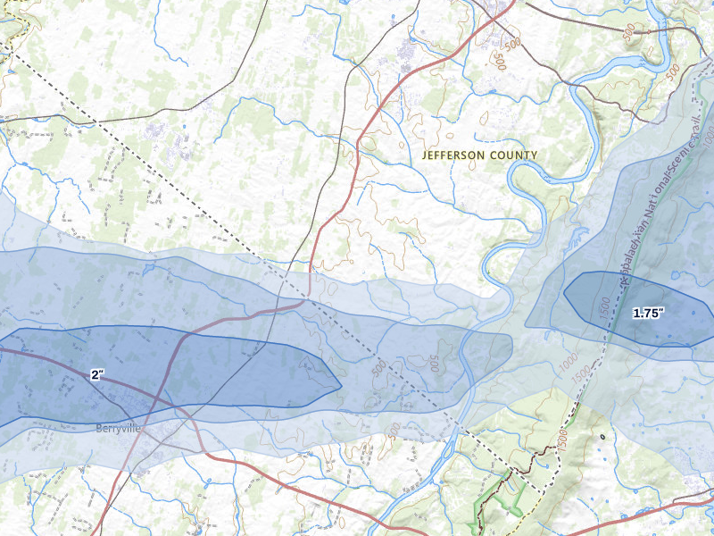NEXRAD radar-signature map of the hail storm over Charles Town, WV on Jul 28, 2026