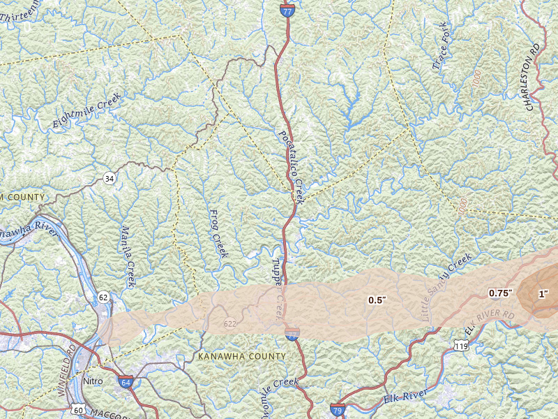 Radar-estimated hail-size map of the storm over Charleston, WV on May 20, 2026