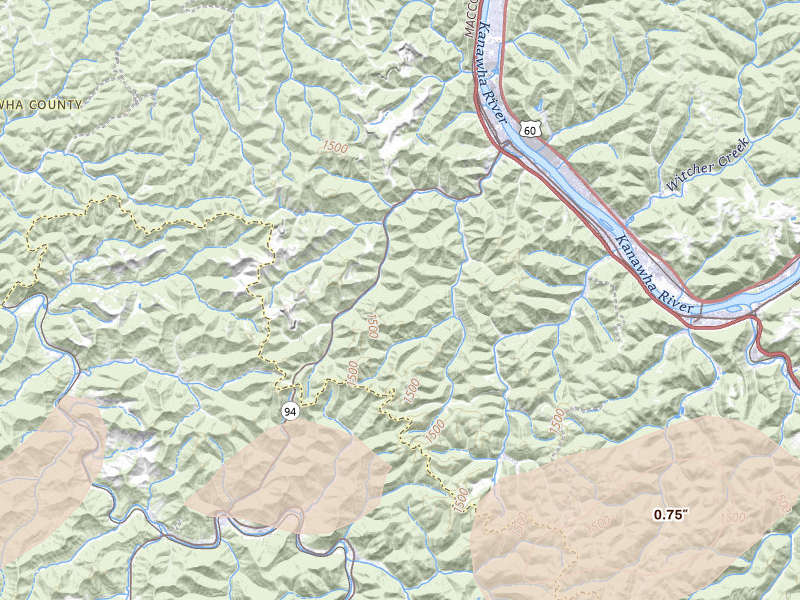 Radar-estimated hail-size map of the storm over Charleston, WV on Jun 12, 2026