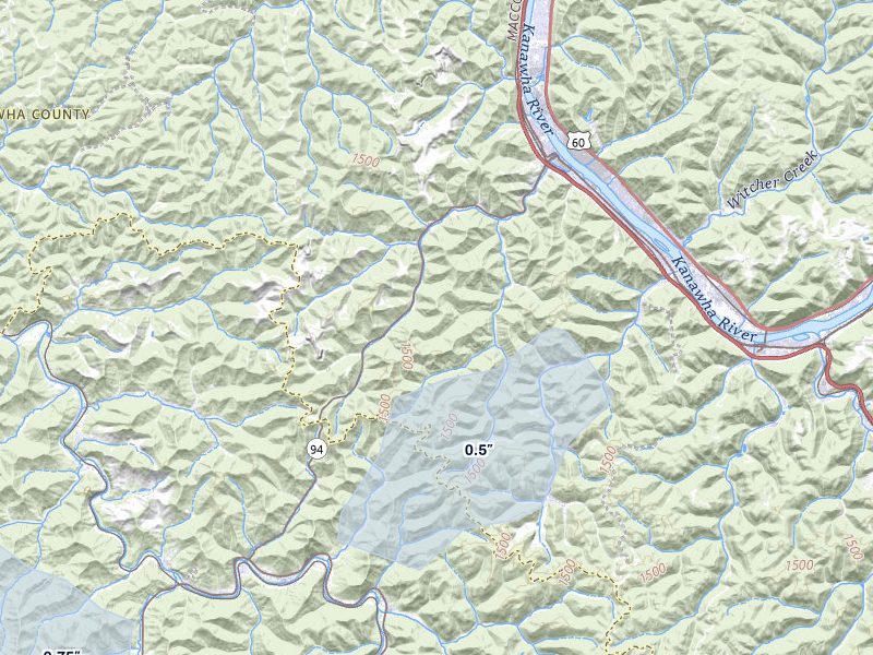 NEXRAD radar-signature map of the hail over Charleston, WV