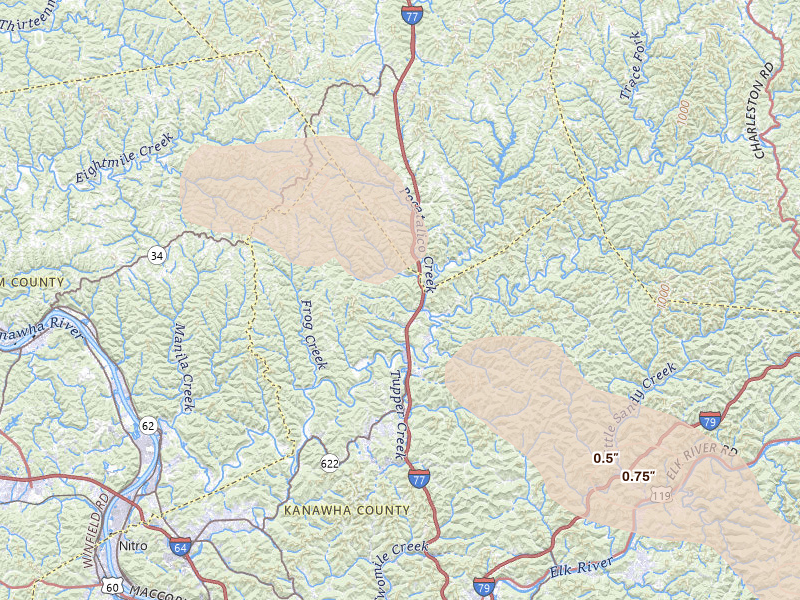 Radar-estimated hail-size map of the storm over Charleston, WV on Aug 8, 2026