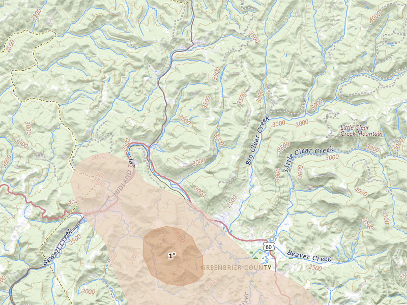 Radar-estimated hail-size map of the storm over Charmco, WV on Jul 28, 2026