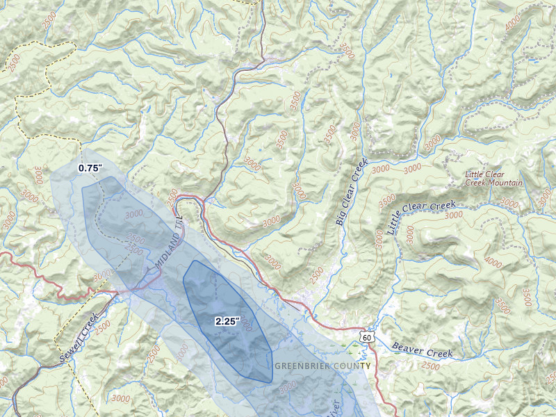 NEXRAD radar-signature map of the hail storm over Charmco, WV on Jul 28, 2026