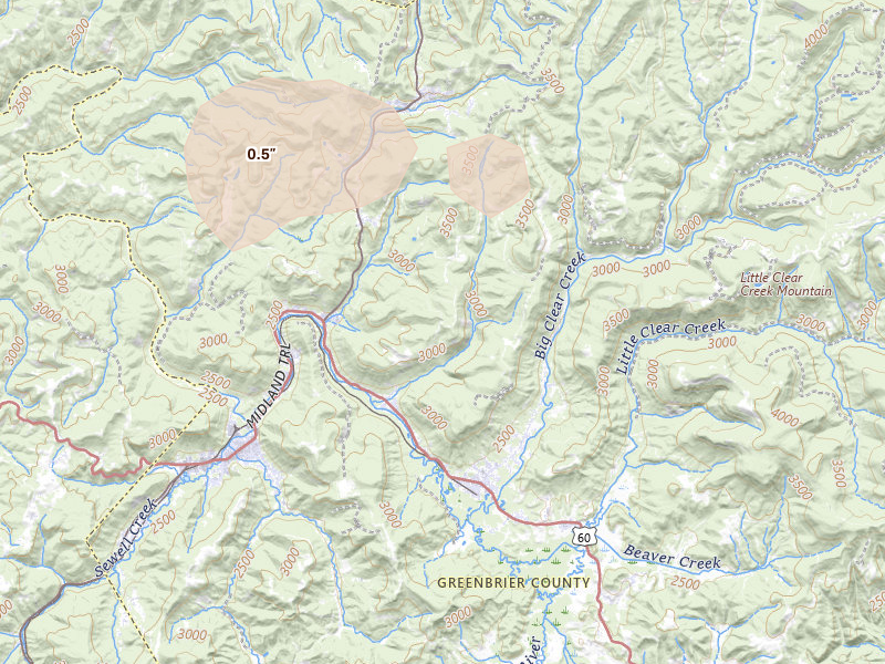 Radar-estimated hail-size map of the storm over Charmco, WV