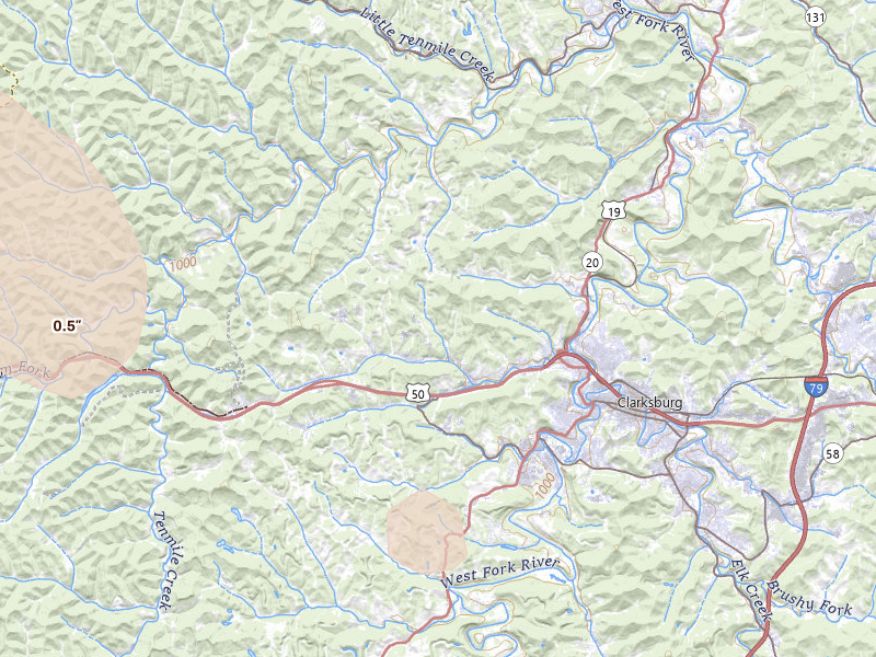 Radar-estimated hail-size map of the storm over Clarksburg, WV on Sep 3, 2026