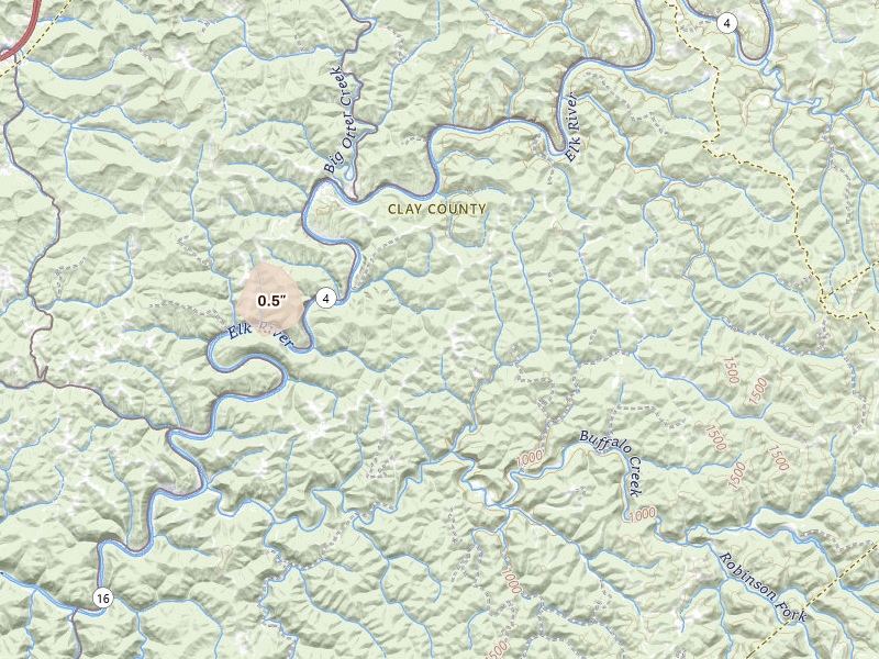 Radar-estimated hail-size map of the storm over Clay, WV on Jul 4, 2026