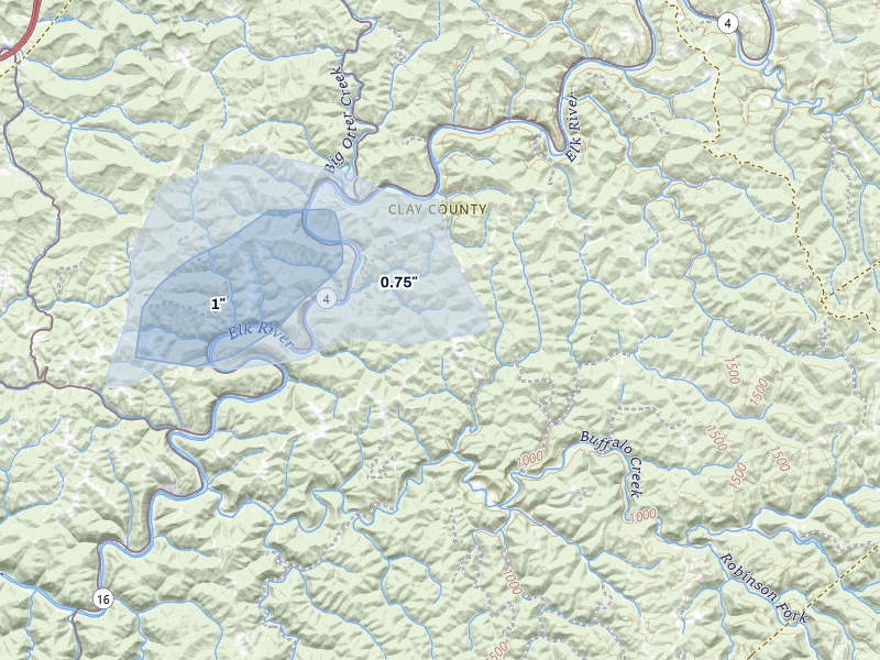 NEXRAD radar-signature map of the hail storm over Clay, WV on Jul 4, 2026