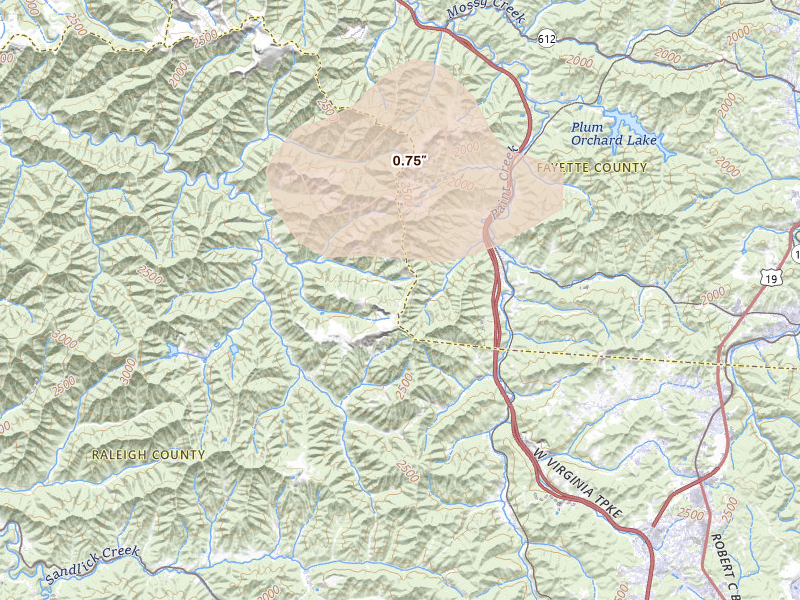 Radar-estimated hail-size map of the storm over Clear Creek, WV on Jun 12, 2026