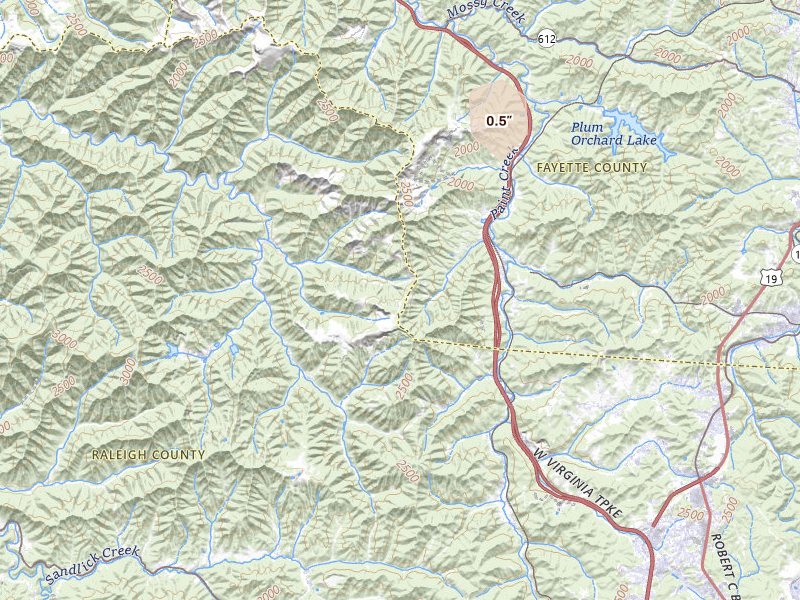Radar-estimated hail-size map of the storm over Clear Creek, WV on Jul 28, 2026