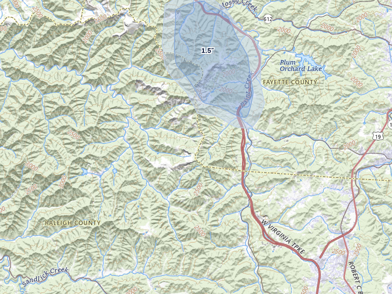 NEXRAD radar-signature map of the hail storm over Clear Creek, WV on Jul 28, 2026