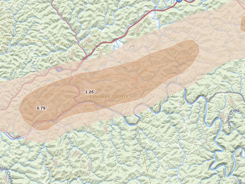 Radar-estimated hail-size map of the storm over Clendenin, WV on May 20, 2026