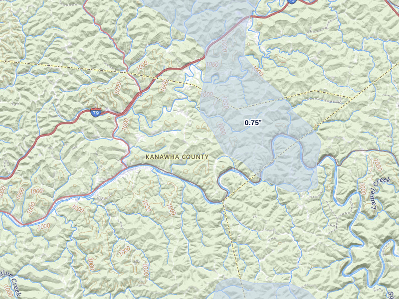 NEXRAD radar-signature map of the hail over Clendenin, WV