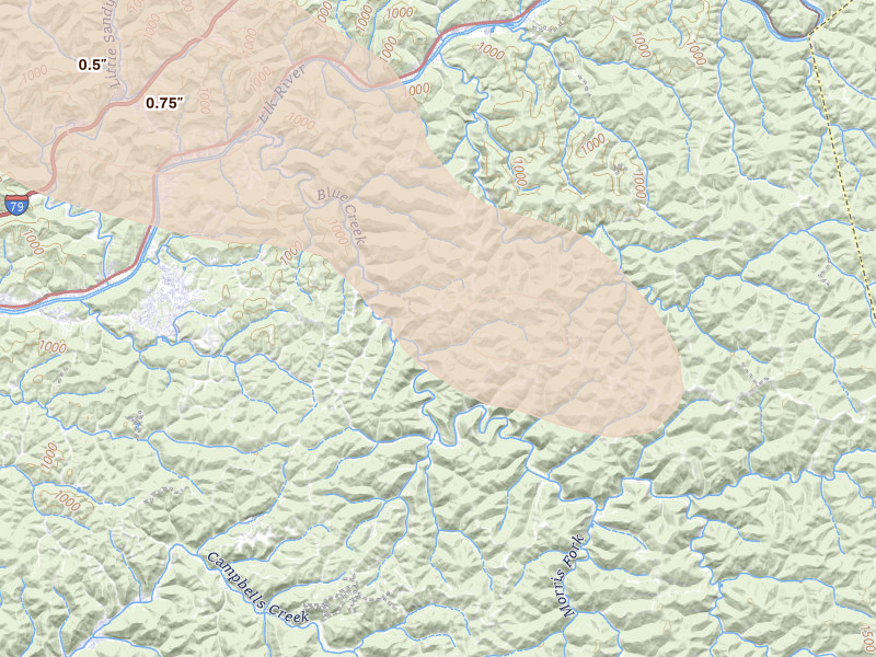 Radar-estimated hail-size map of the storm over Clendenin, WV on Aug 8, 2026