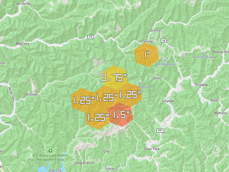 Hail map of Coal Mountain, WV on Jul 4, 2026, hail up to 1.5"
