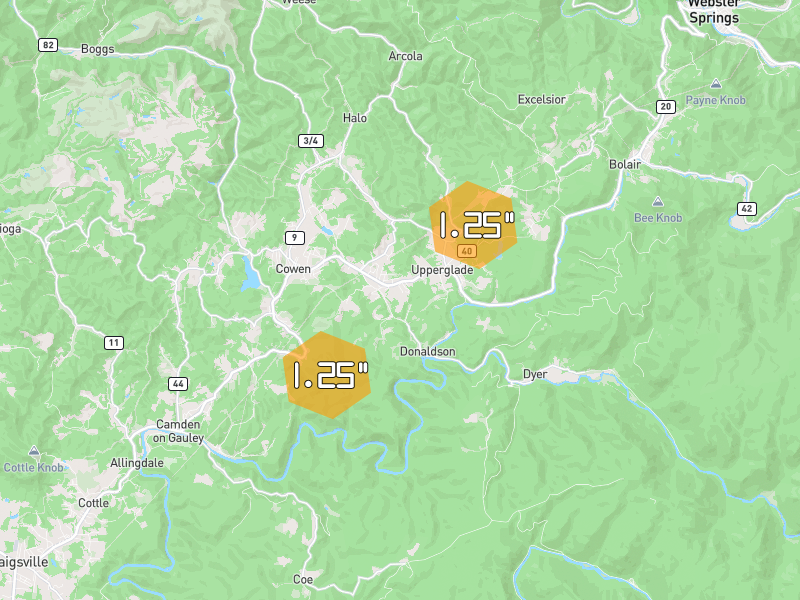 Hail map of Cowen, WV on Jul 4, 2026, hail up to 1.25"