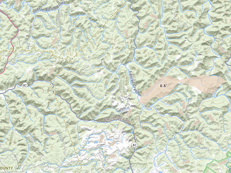 Radar-estimated hail-size map of the storm over Cowen, WV on Aug 2, 2026