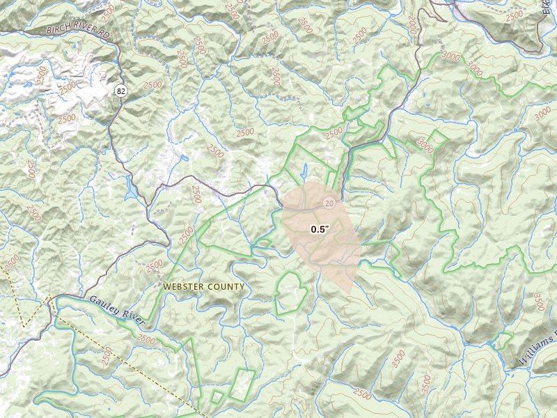 Radar-estimated hail-size map of the storm over Cowen, WV on Aug 10, 2026