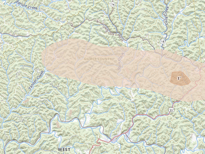 Radar-estimated hail-size map of the storm over Coxs Mills, WV on May 27, 2026