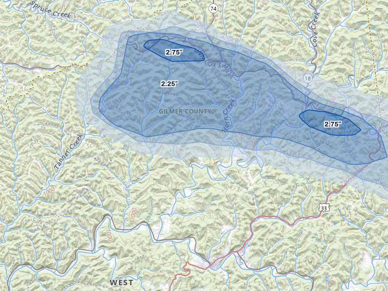 NEXRAD radar-signature map of the hail storm over Coxs Mills, WV on May 27, 2026