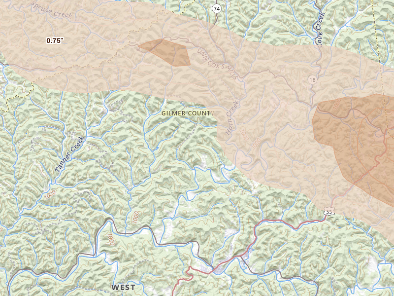 Radar-estimated hail-size map of the storm over Coxs Mills, WV on Jul 21, 2026