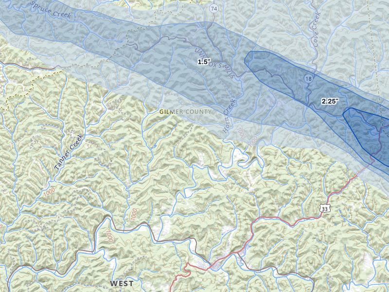 NEXRAD radar-signature map of the hail over Coxs Mills, WV