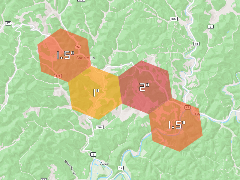 Hail map of Coxs Mills, WV on Jul 21, 2026, hail up to 2"