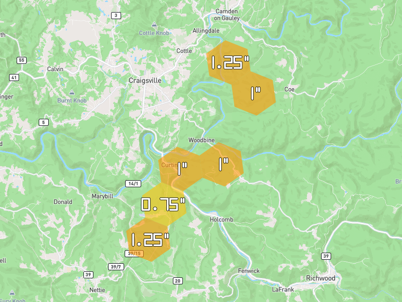 Hail map of Craigsville, WV on Jul 4, 2026, hail up to 1.25"
