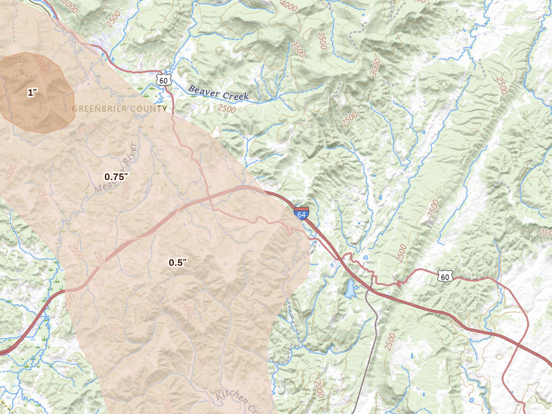 Radar-estimated hail-size map of the storm over Crawley, WV on Jul 28, 2026
