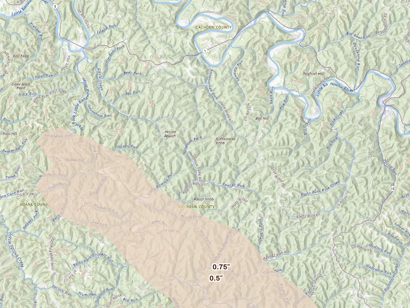 Radar-estimated hail-size map of the storm over Creston, WV