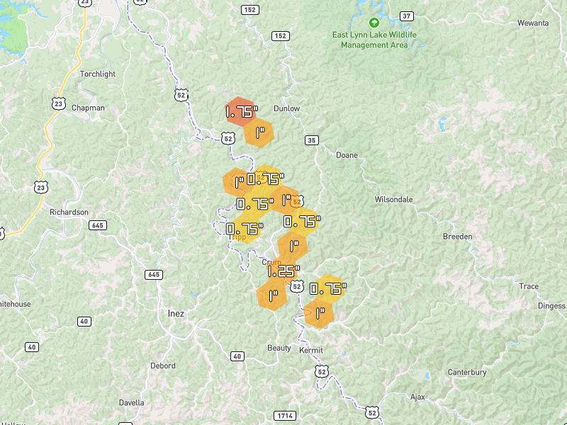 Hail map of Crum, WV on Jul 28, 2026, hail up to 1.75"