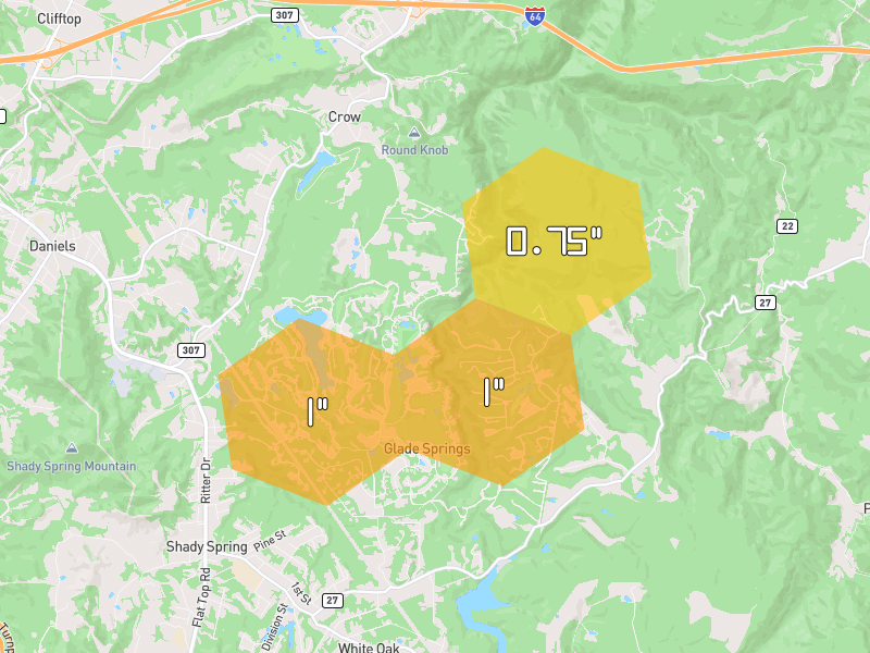 Hail map of Daniels, WV on Jul 4, 2026, hail up to 1"