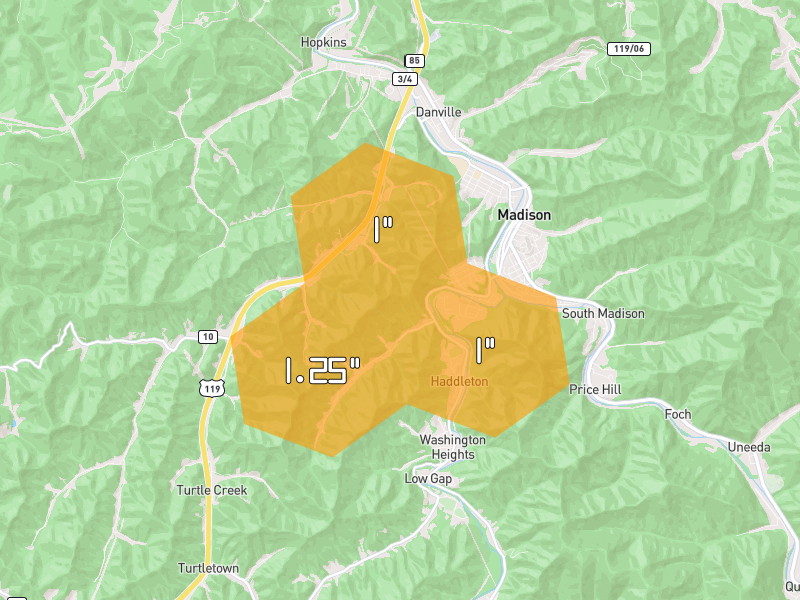 Hail map of Danville, WV on Jul 4, 2026, hail up to 1.25"