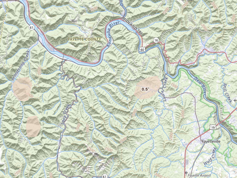 Radar-estimated hail-size map of the storm over Deep Water, WV on Jul 5, 2026