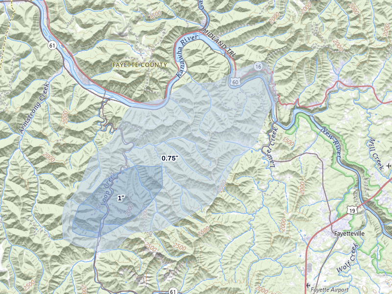 NEXRAD radar-signature map of the hail over Deep Water, WV